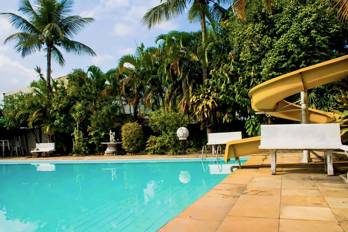 Piscina cercada de palmeiras e jardim